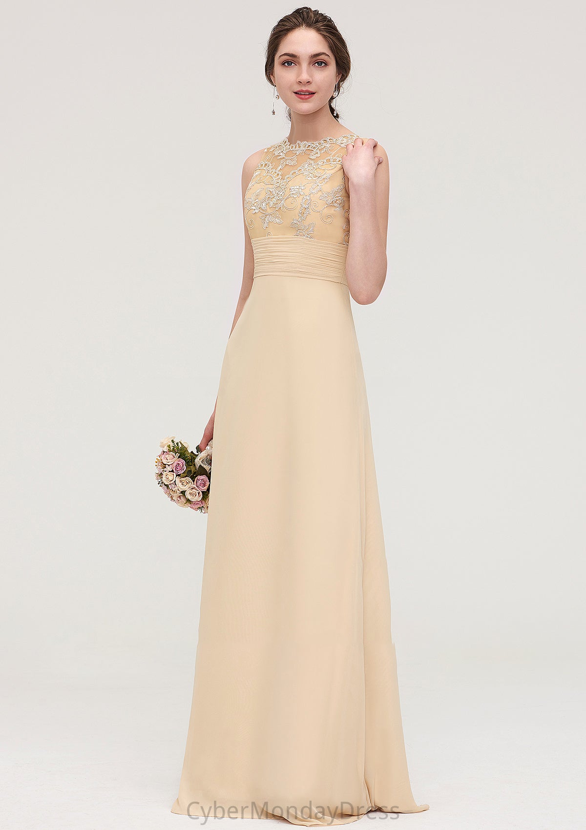 Sleeveless Halter Open Back Long/Floor-Length Sheath/Column Chiffon Bridesmaid Dresses With Pleated Lace Maliyah DTP0025451