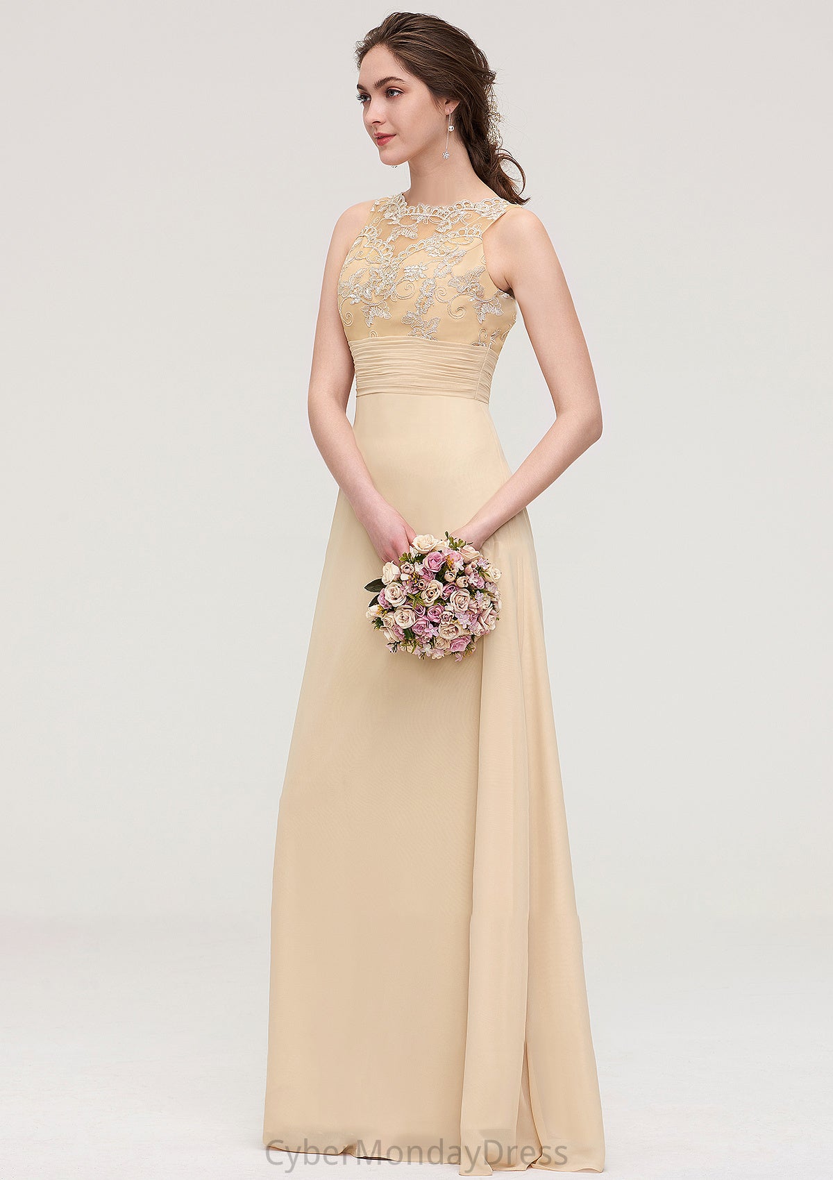 Sleeveless Halter Open Back Long/Floor-Length Sheath/Column Chiffon Bridesmaid Dresses With Pleated Lace Maliyah DTP0025451