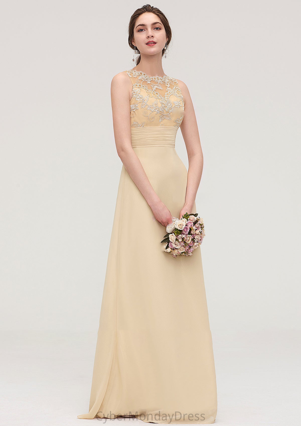 Sleeveless Halter Open Back Long/Floor-Length Sheath/Column Chiffon Bridesmaid Dresses With Pleated Lace Maliyah DTP0025451