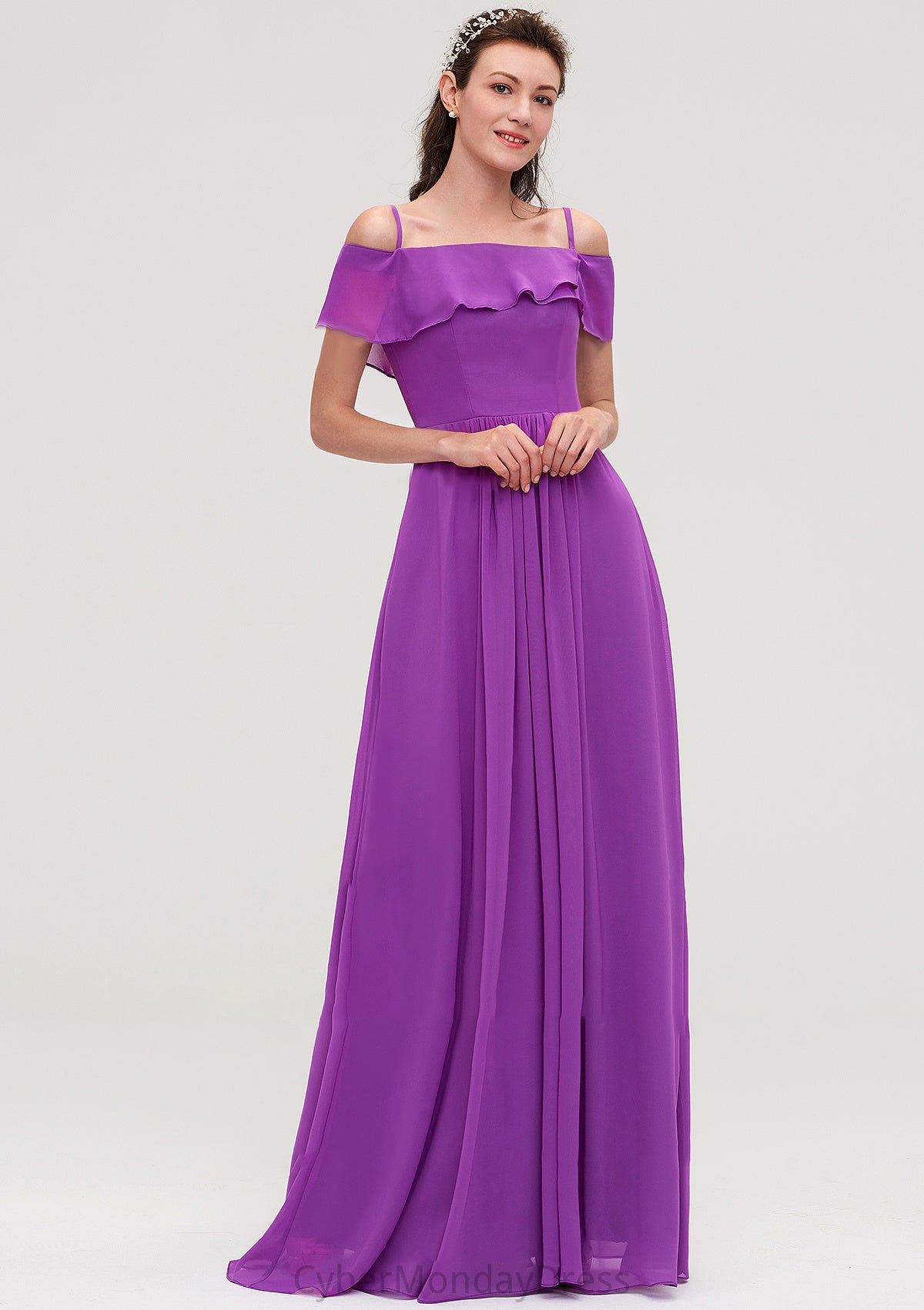 Sleeveless Off-the-Shoulder Chiffon A-line/Princess Long/Floor-Length Bridesmaid Dresseses With Ruffles Lynn DTP0025452