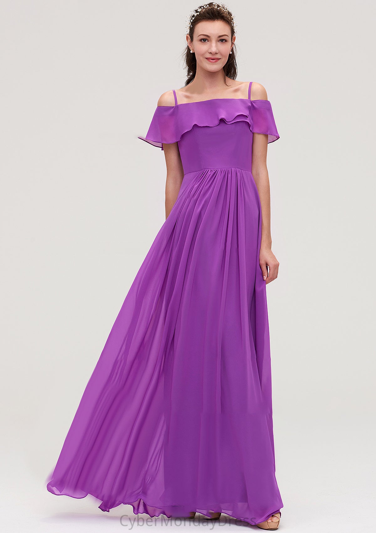 Sleeveless Off-the-Shoulder Chiffon A-line/Princess Long/Floor-Length Bridesmaid Dresseses With Ruffles Lynn DTP0025452