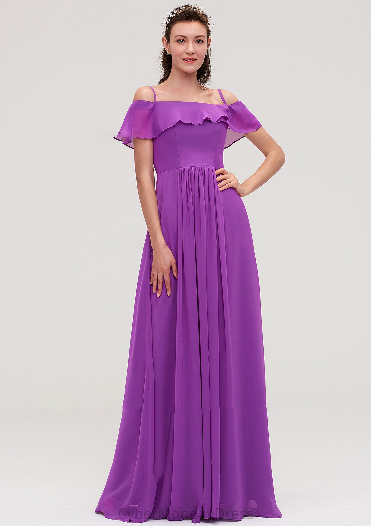 Sleeveless Off-the-Shoulder Chiffon A-line/Princess Long/Floor-Length Bridesmaid Dresseses With Ruffles Lynn DTP0025452