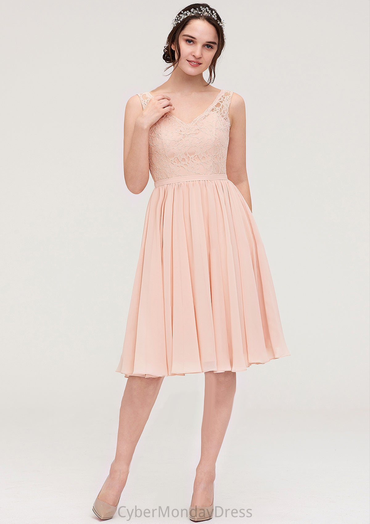 Sleeveless V Neck A-line/Princess Chiffon Knee-Length Bridesmaid Dresses With Lace Lainey DTP0025453