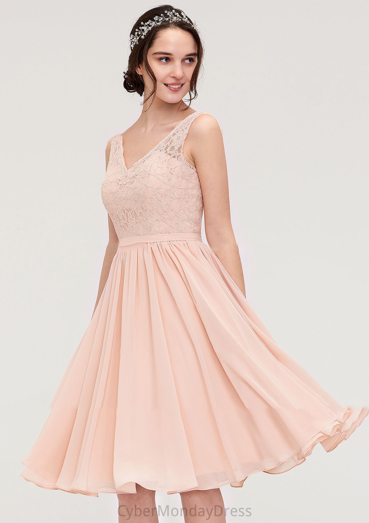 Sleeveless V Neck A-line/Princess Chiffon Knee-Length Bridesmaid Dresses With Lace Lainey DTP0025453