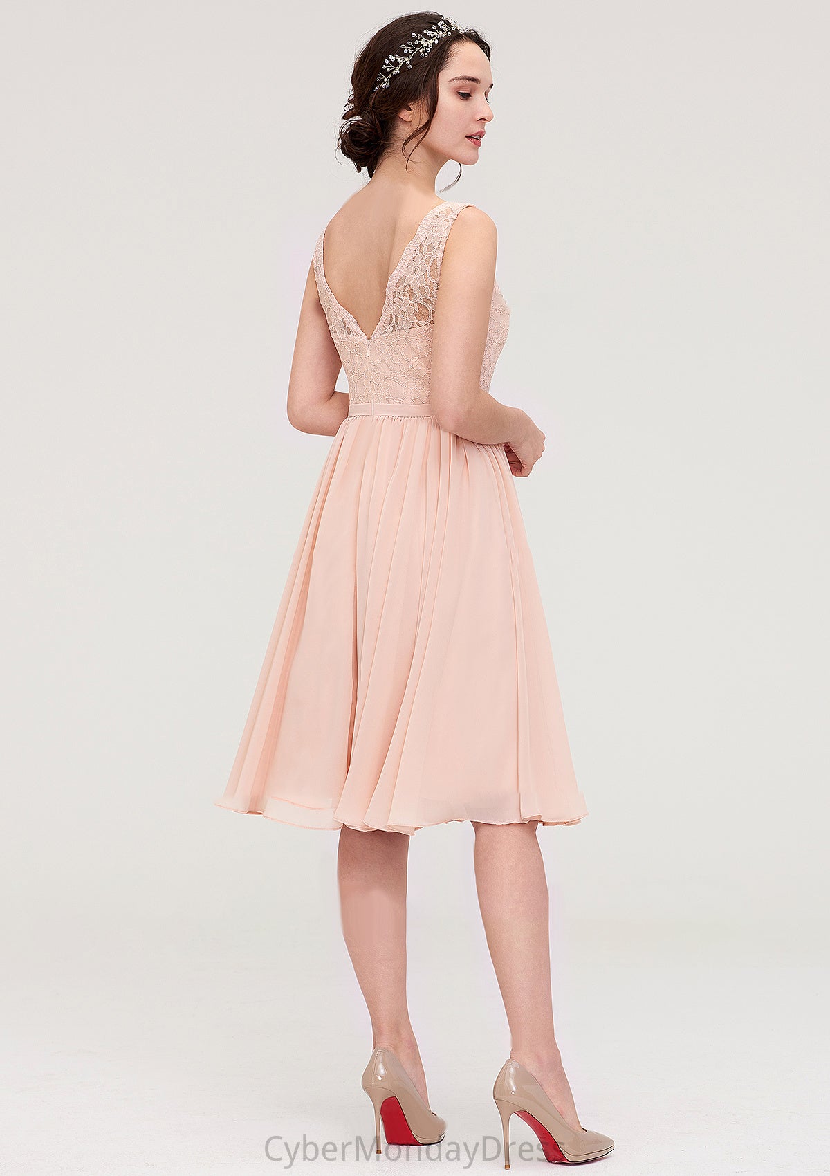 Sleeveless V Neck A-line/Princess Chiffon Knee-Length Bridesmaid Dresses With Lace Lainey DTP0025453