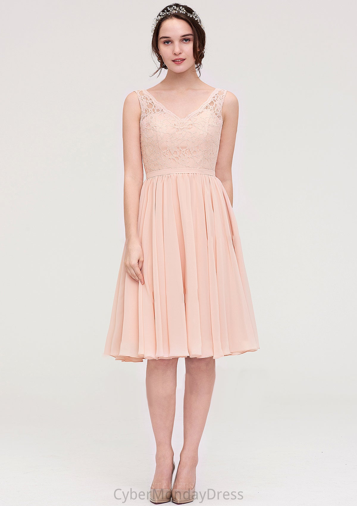 Sleeveless V Neck A-line/Princess Chiffon Knee-Length Bridesmaid Dresses With Lace Lainey DTP0025453