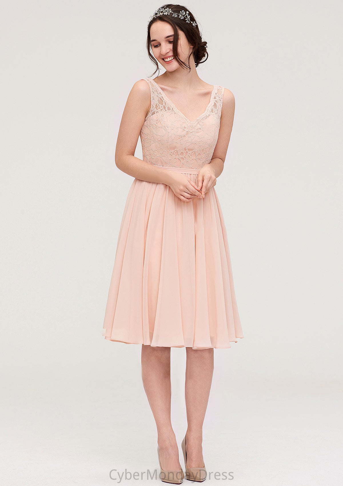 Sleeveless V Neck A-line/Princess Chiffon Knee-Length Bridesmaid Dresses With Lace Lainey DTP0025453