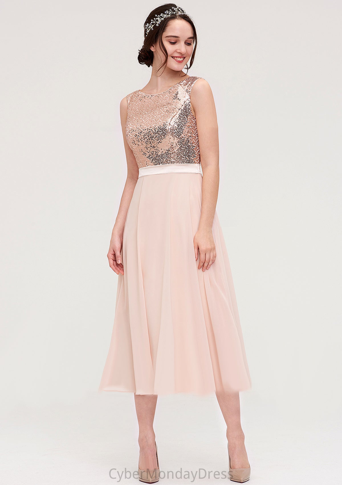 Sleeveless Bateau Chiffon A-line/Princess Bridesmaid Dresses With Sashes Sequins Louisa DTP0025454