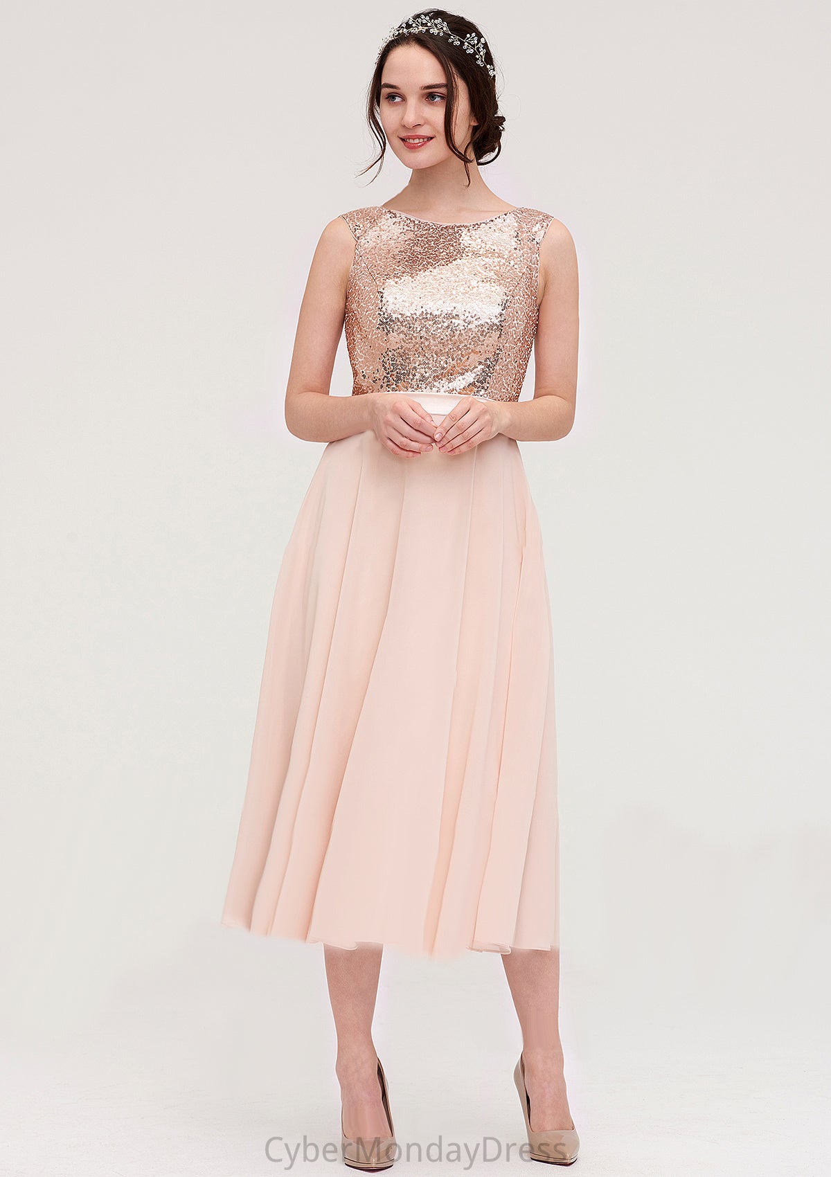 Sleeveless Bateau Chiffon A-line/Princess Bridesmaid Dresses With Sashes Sequins Louisa DTP0025454