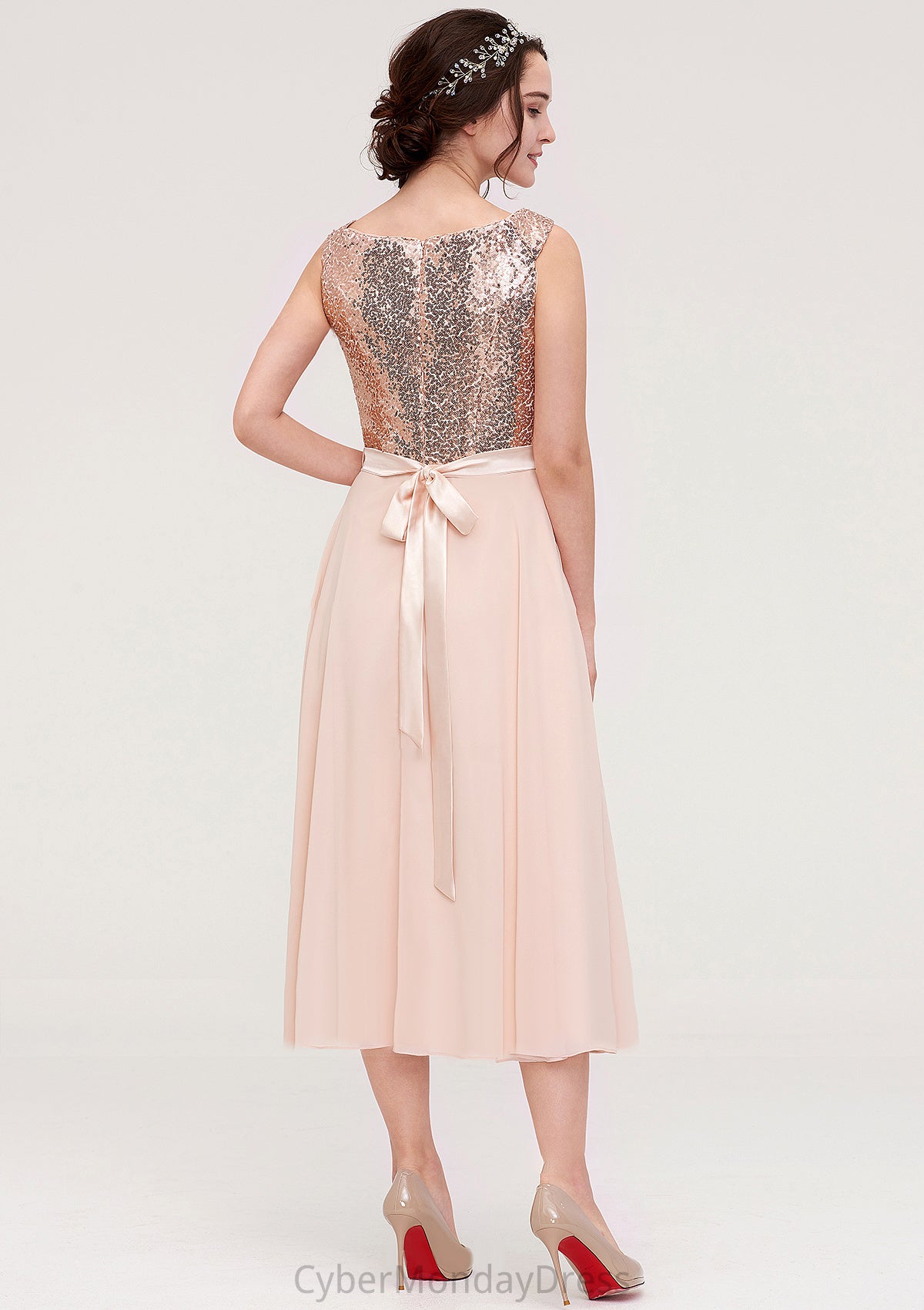 Sleeveless Bateau Chiffon A-line/Princess Bridesmaid Dresses With Sashes Sequins Louisa DTP0025454