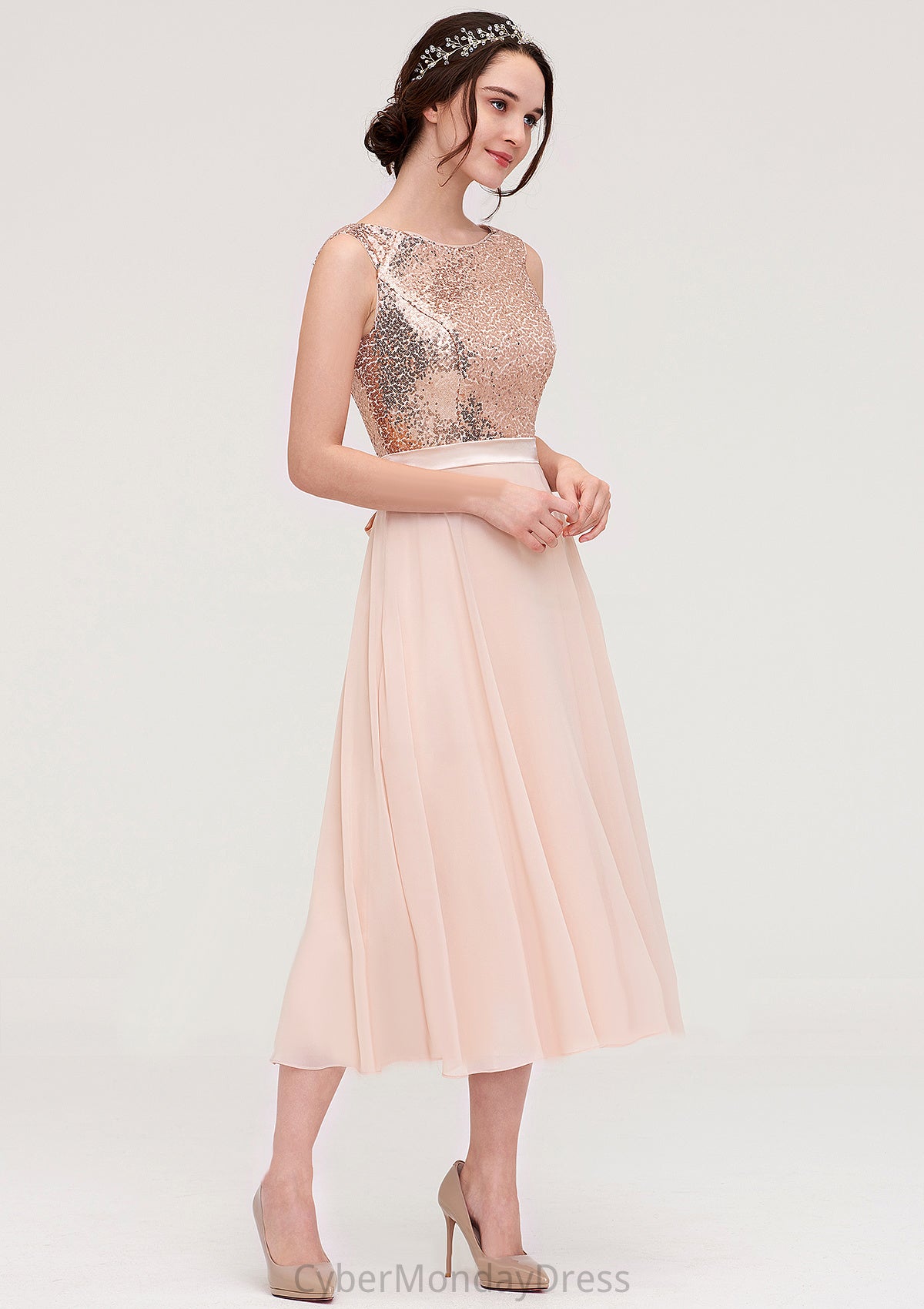 Sleeveless Bateau Chiffon A-line/Princess Bridesmaid Dresses With Sashes Sequins Louisa DTP0025454