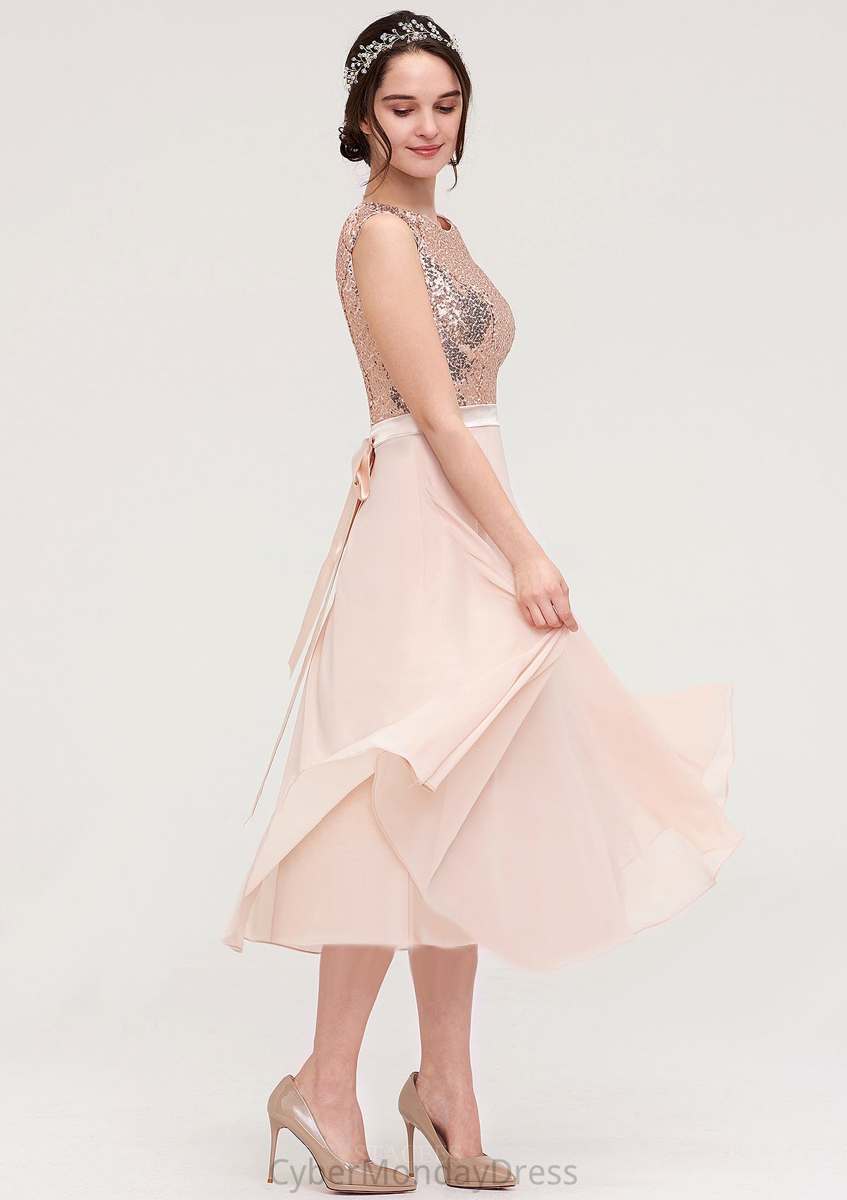 Sleeveless Bateau Chiffon A-line/Princess Bridesmaid Dresses With Sashes Sequins Louisa DTP0025454