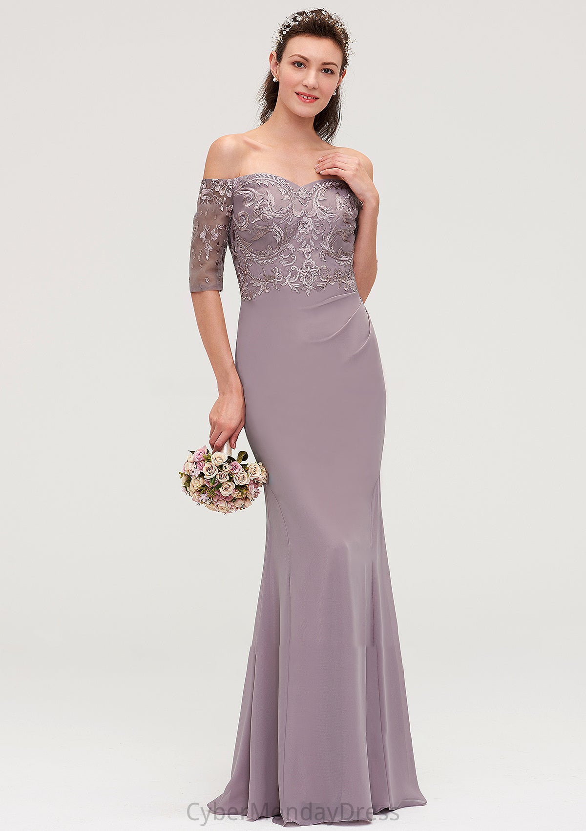 Off-the-Shoulder Half Sleeve Sheath/Column Long/Floor-Length Chiffon Bridesmaid Dresseses With Appliqued Jaslyn DTP0025458