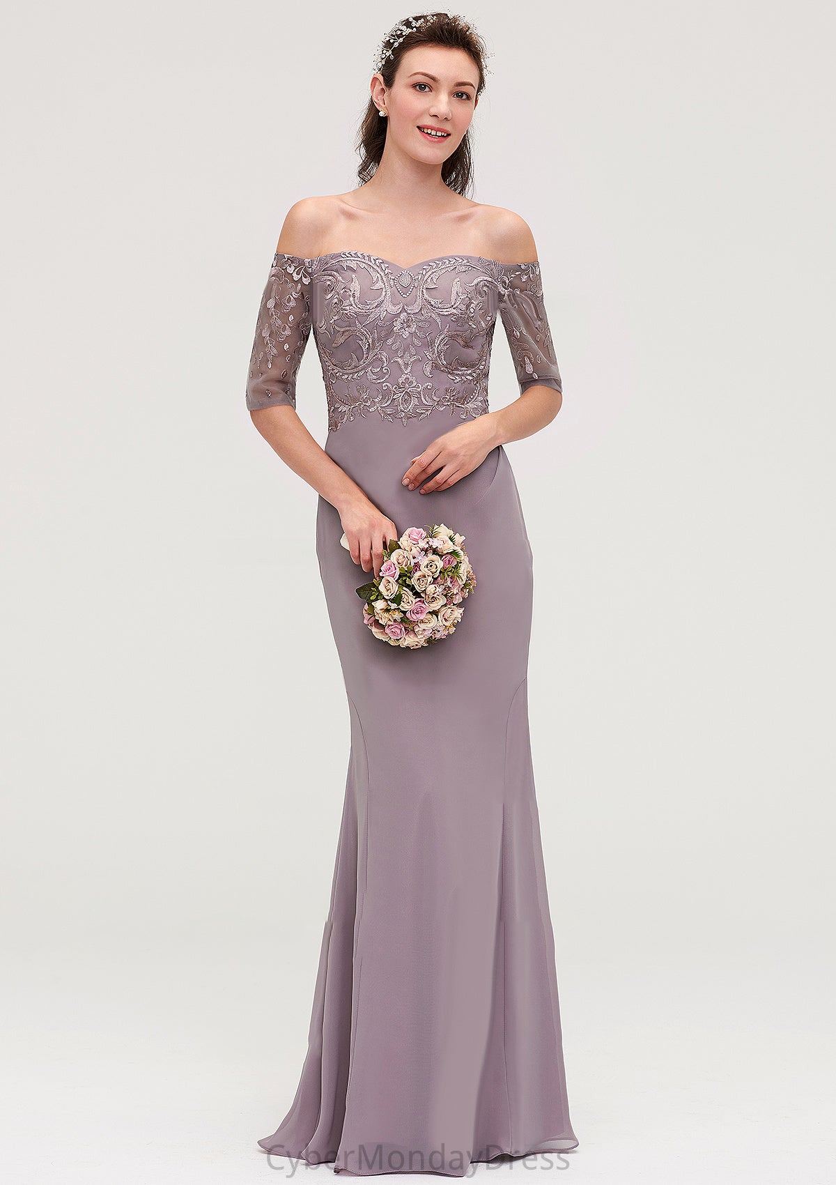 Off-the-Shoulder Half Sleeve Sheath/Column Long/Floor-Length Chiffon Bridesmaid Dresseses With Appliqued Jaslyn DTP0025458