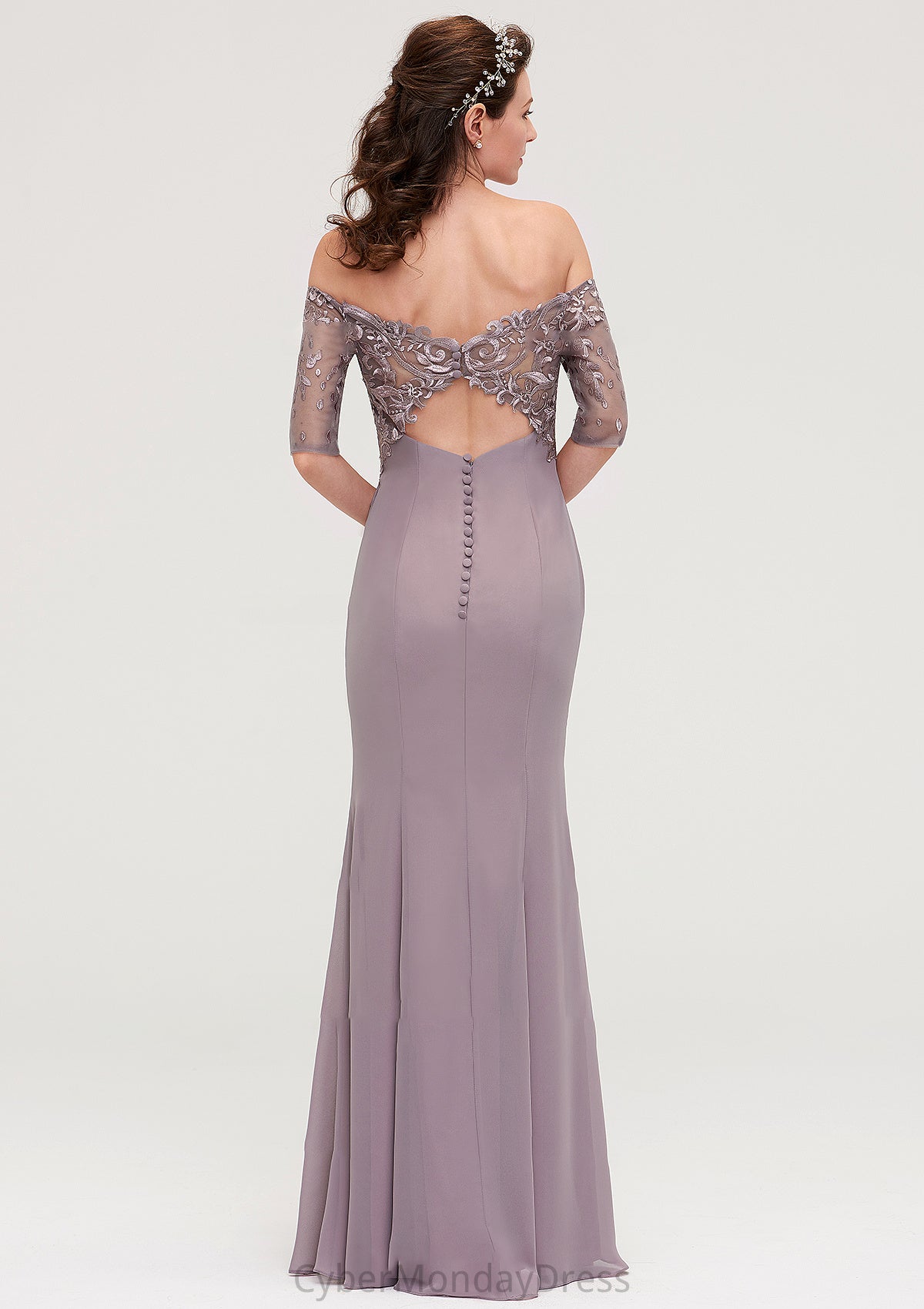 Off-the-Shoulder Half Sleeve Sheath/Column Long/Floor-Length Chiffon Bridesmaid Dresseses With Appliqued Jaslyn DTP0025458