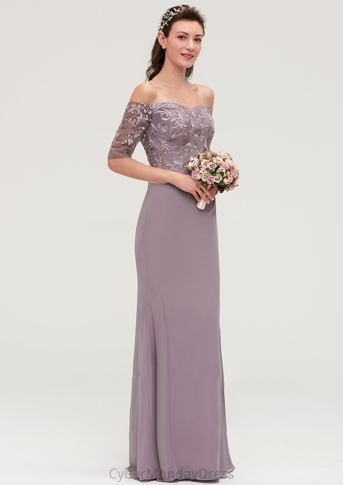 Off-the-Shoulder Half Sleeve Sheath/Column Long/Floor-Length Chiffon Bridesmaid Dresseses With Appliqued Jaslyn DTP0025458