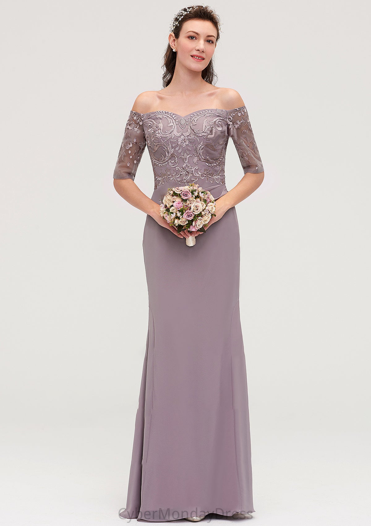 Off-the-Shoulder Half Sleeve Sheath/Column Long/Floor-Length Chiffon Bridesmaid Dresseses With Appliqued Jaslyn DTP0025458