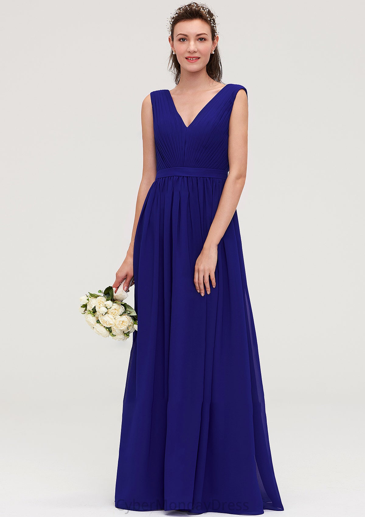 Sleeveless V Neck Chiffon A-line/Princess Long/Floor-Length Bridesmaid Dresseses With Pleated Johanna DTP0025459