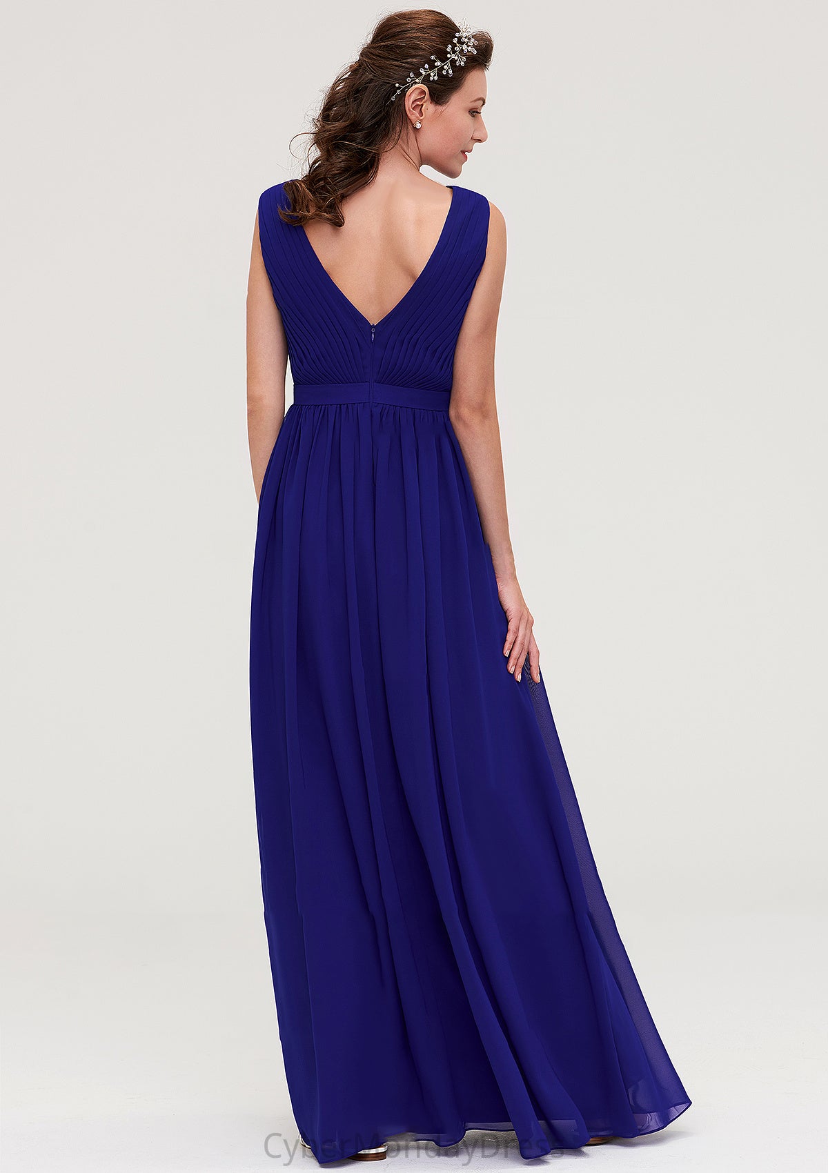 Sleeveless V Neck Chiffon A-line/Princess Long/Floor-Length Bridesmaid Dresseses With Pleated Johanna DTP0025459