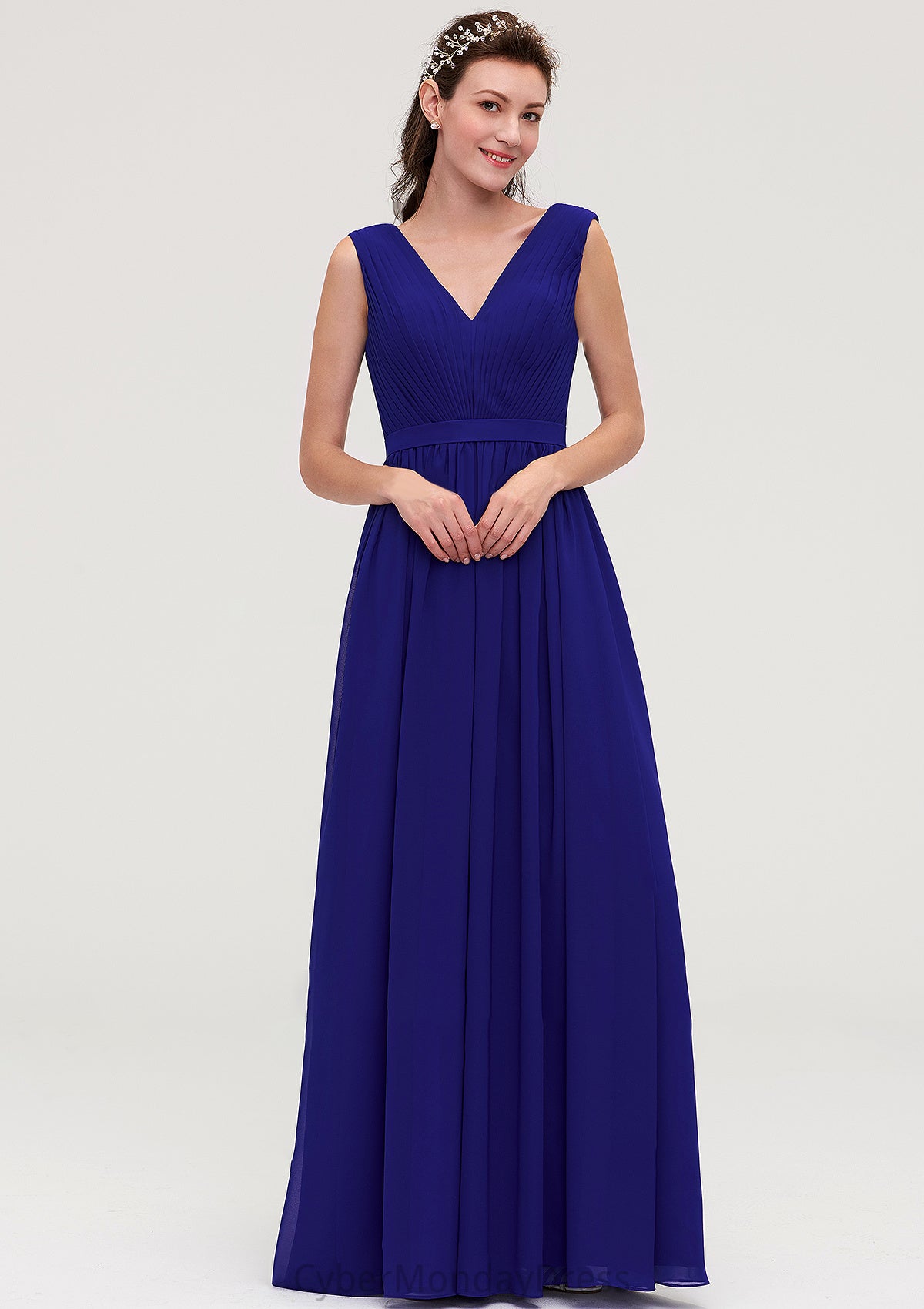 Sleeveless V Neck Chiffon A-line/Princess Long/Floor-Length Bridesmaid Dresseses With Pleated Johanna DTP0025459