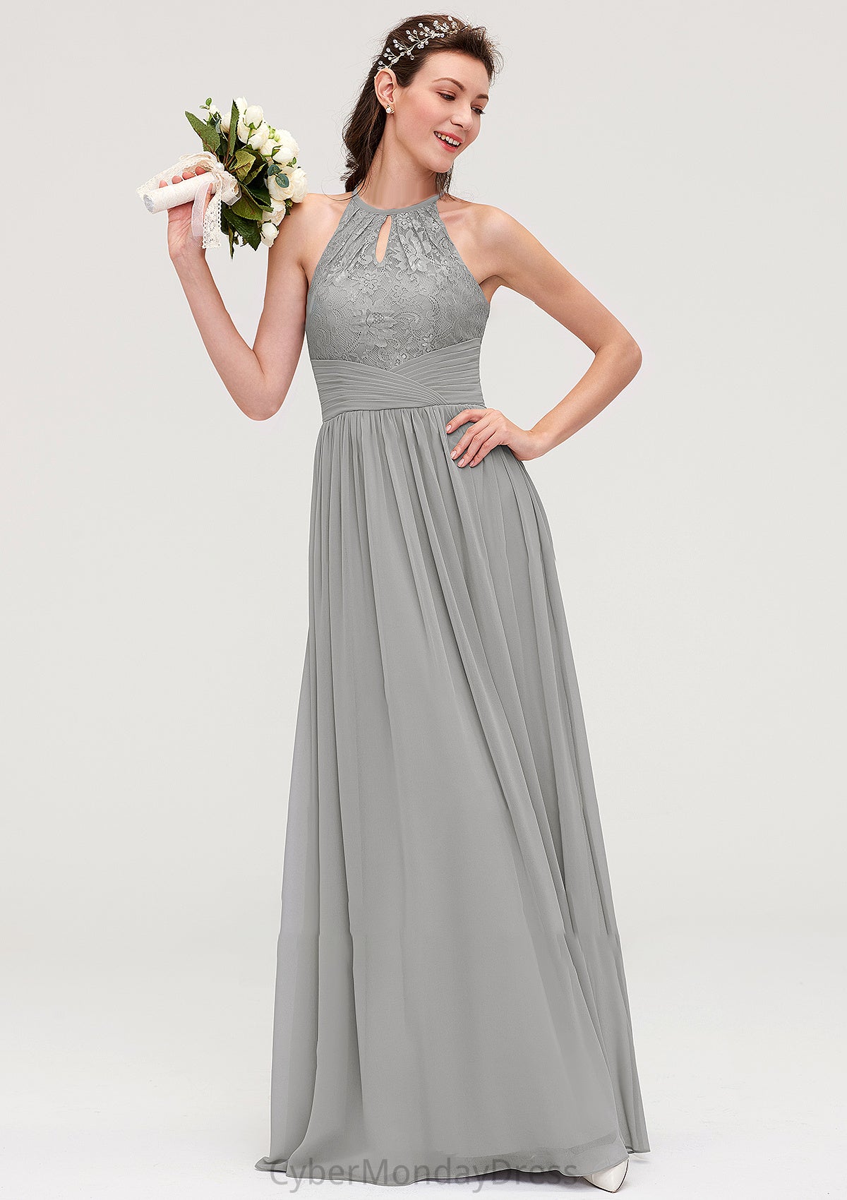 Sleeveless Scoop Neck Chiffon A-line/Princess Long/Floor-Length Bridesmaid Dresseses With Pleated Lace Lauren DTP0025460