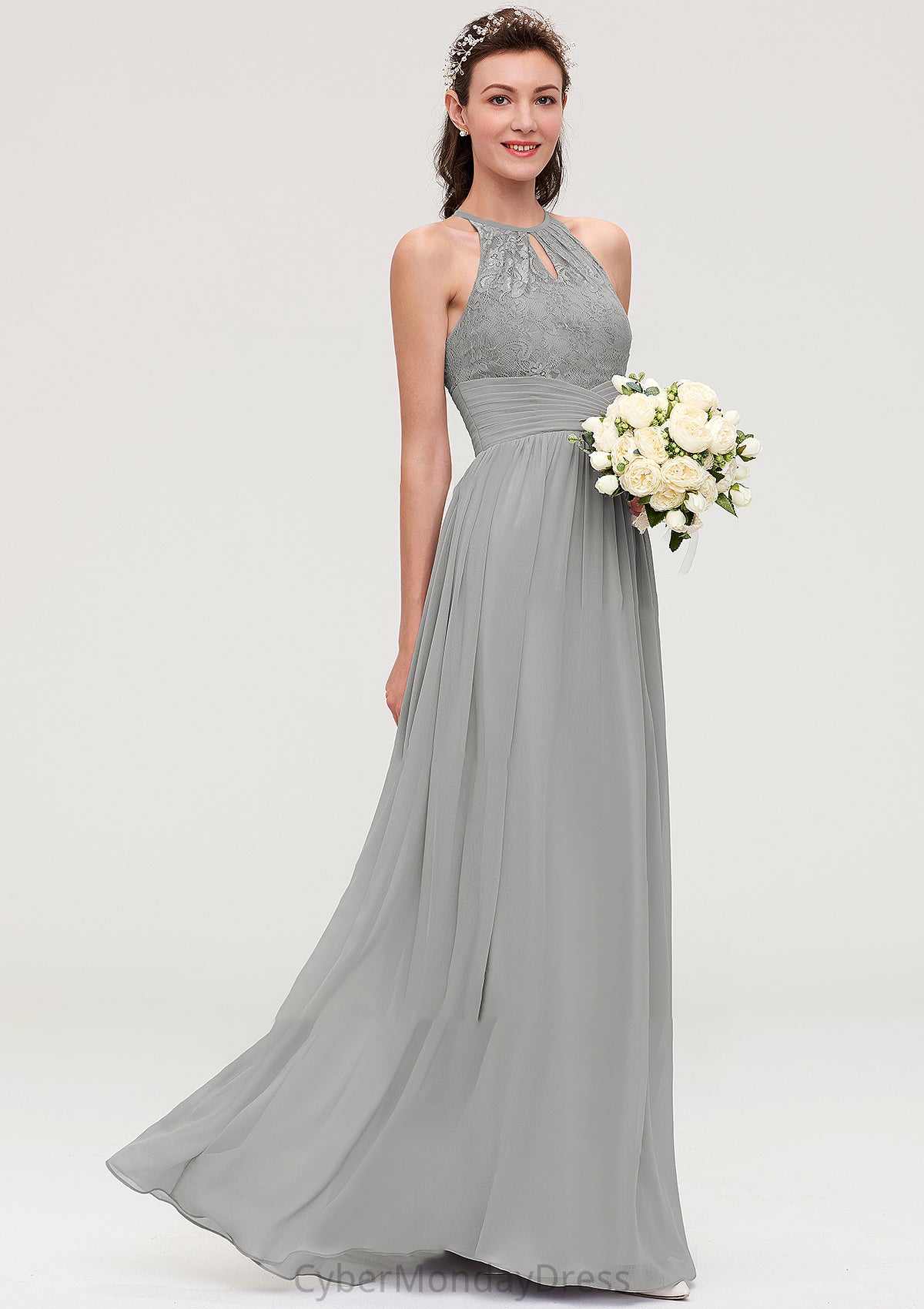 Sleeveless Scoop Neck Chiffon A-line/Princess Long/Floor-Length Bridesmaid Dresseses With Pleated Lace Lauren DTP0025460