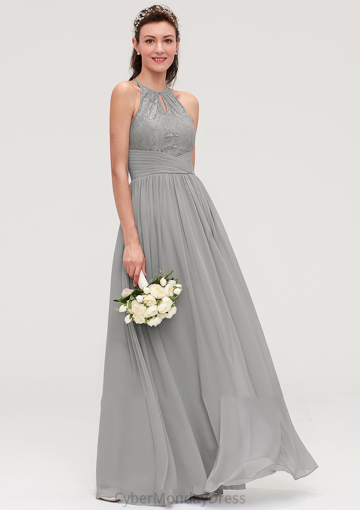 Sleeveless Scoop Neck Chiffon A-line/Princess Long/Floor-Length Bridesmaid Dresseses With Pleated Lace Lauren DTP0025460