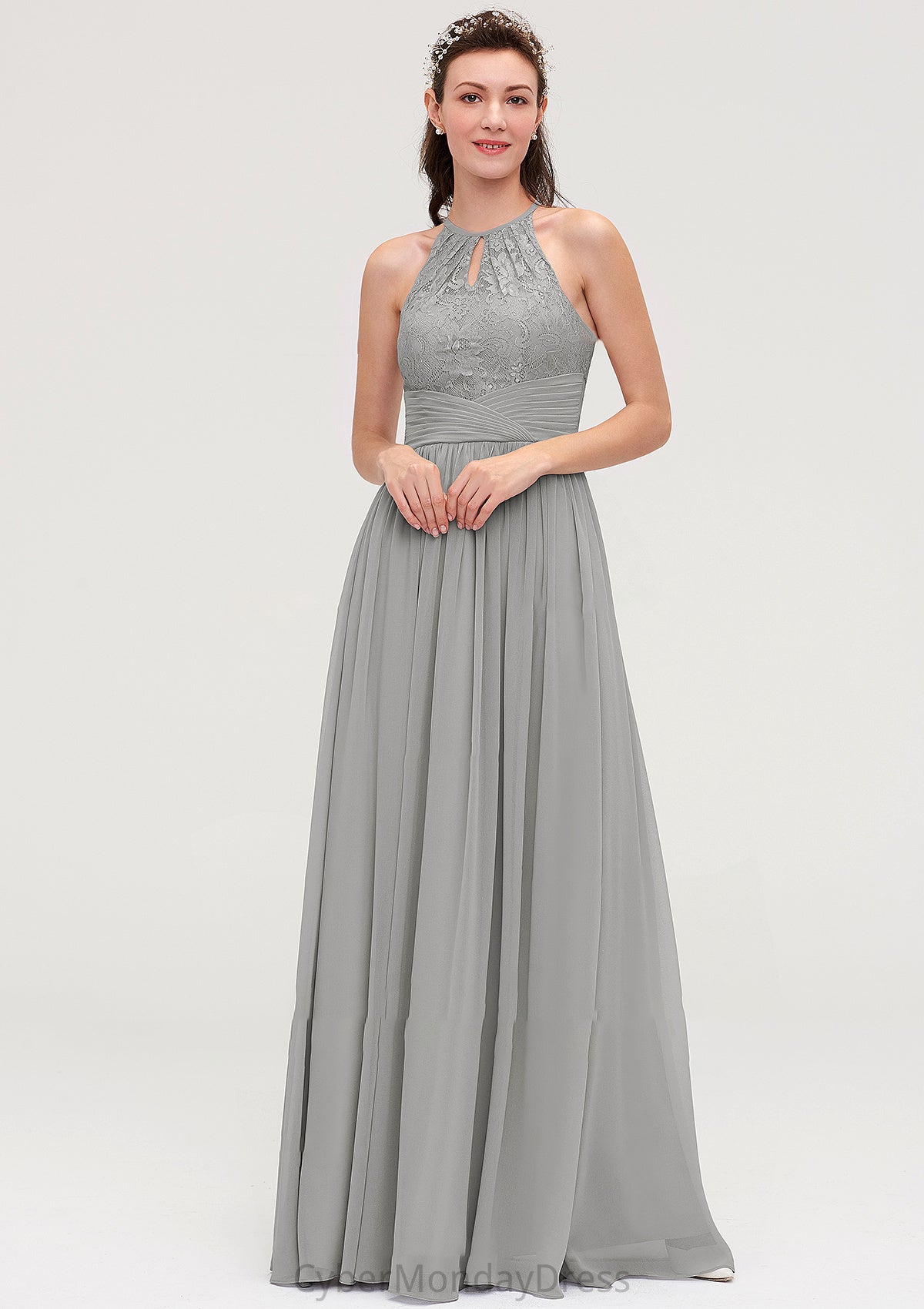 Sleeveless Scoop Neck Chiffon A-line/Princess Long/Floor-Length Bridesmaid Dresseses With Pleated Lace Lauren DTP0025460