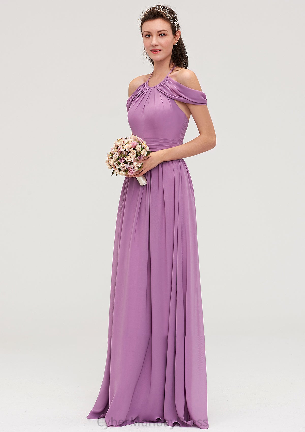 Scoop Neck Sleeveless Chiffon A-line/Princess Long/Floor-Length Bridesmaid Dresseses With Pleated Esme DTP0025461