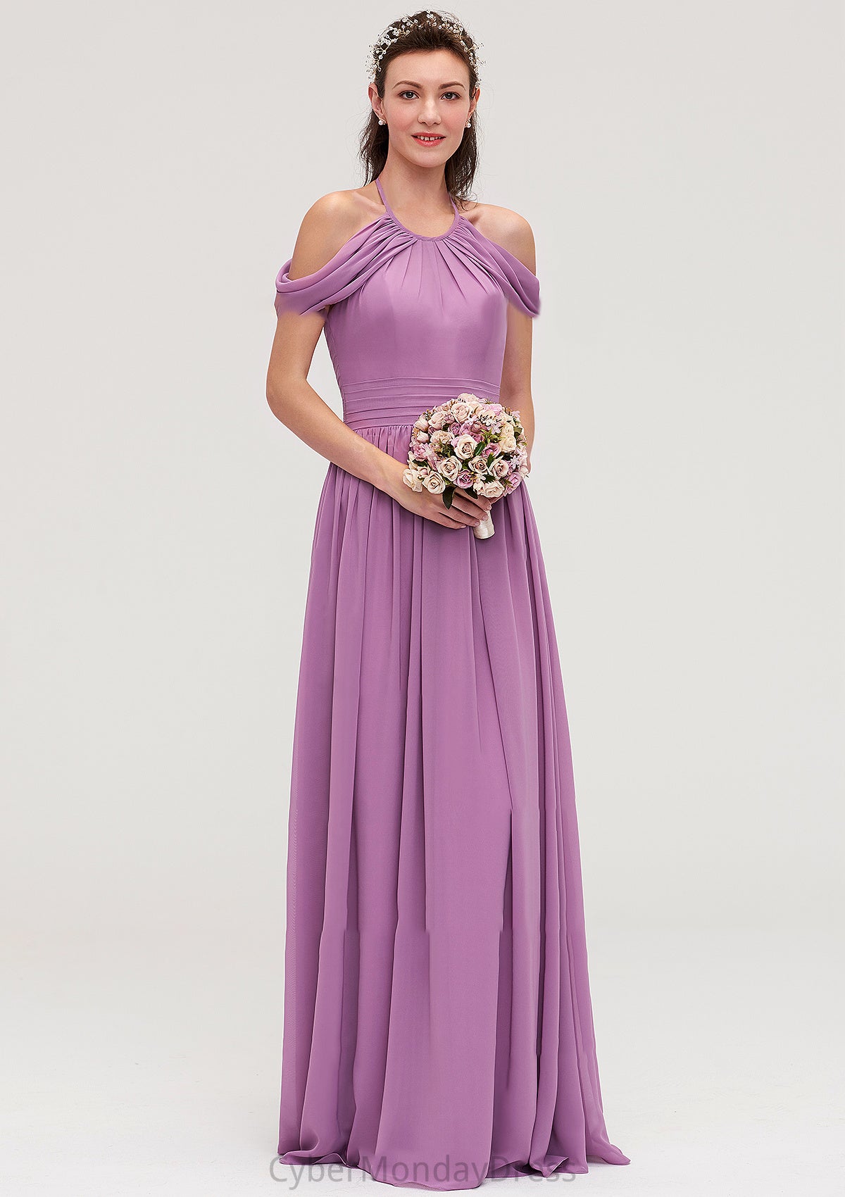 Scoop Neck Sleeveless Chiffon A-line/Princess Long/Floor-Length Bridesmaid Dresseses With Pleated Esme DTP0025461