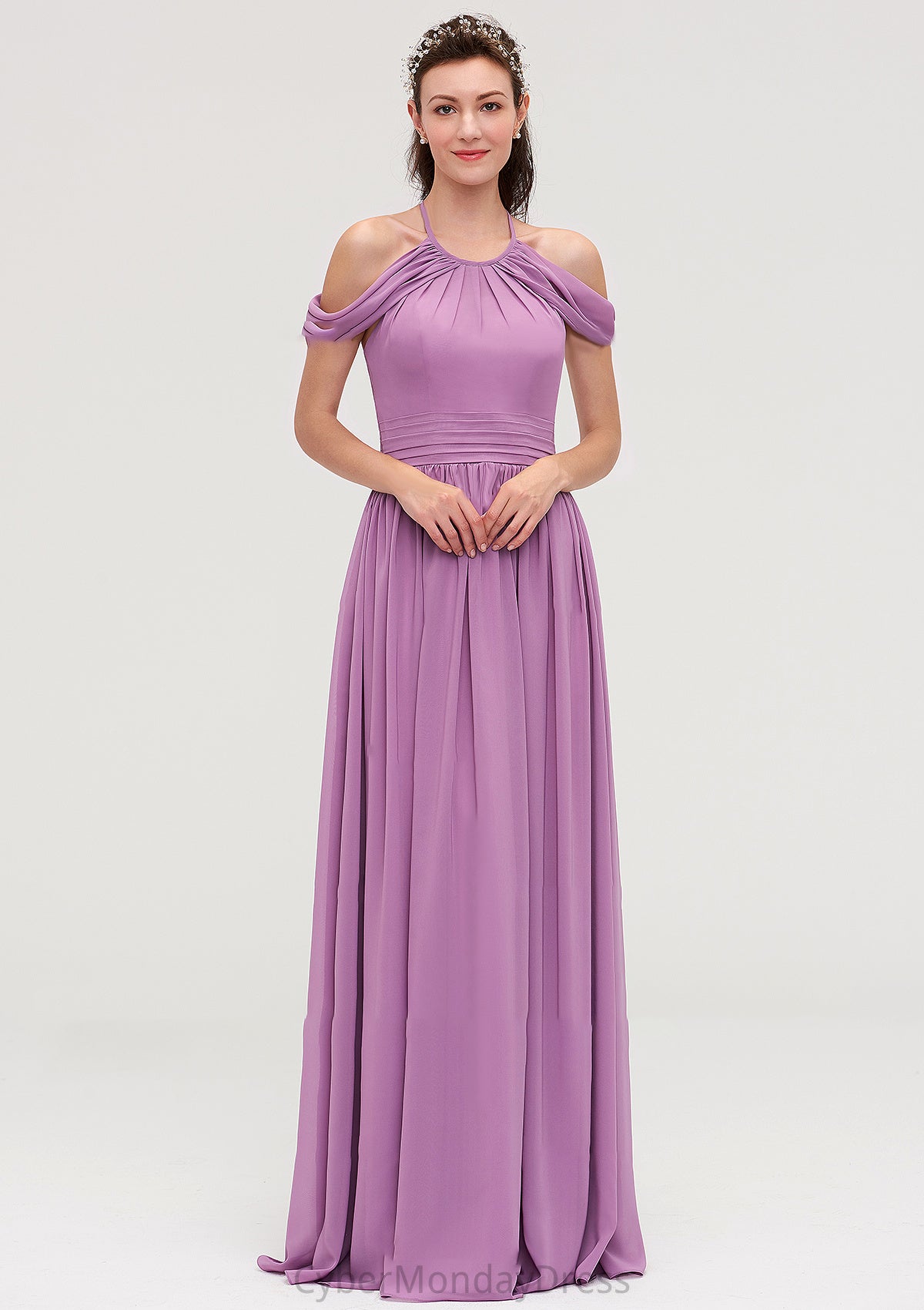 Scoop Neck Sleeveless Chiffon A-line/Princess Long/Floor-Length Bridesmaid Dresseses With Pleated Esme DTP0025461