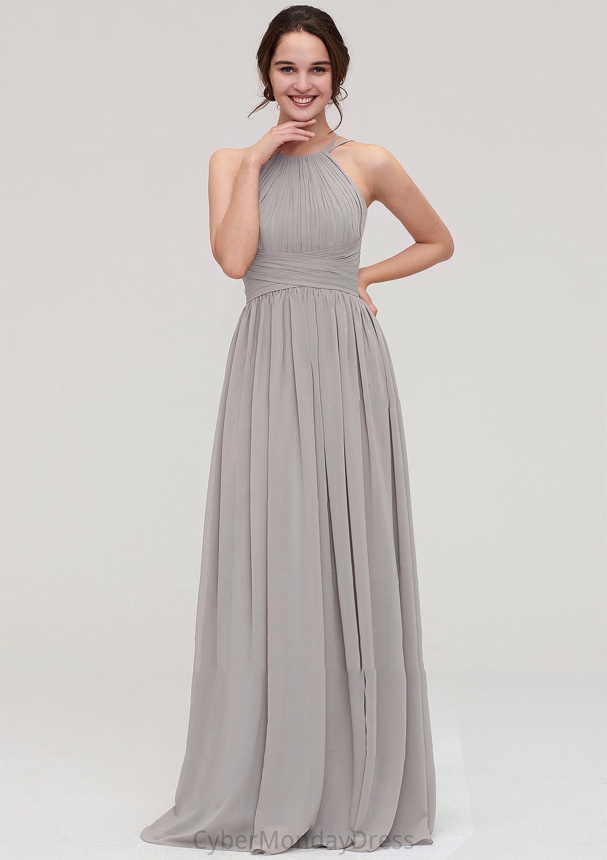 Halter Sleeveless A-line/Princess Long/Floor-Length Chiffon Bridesmaid Dresses With Pleated Natalya DTP0025462