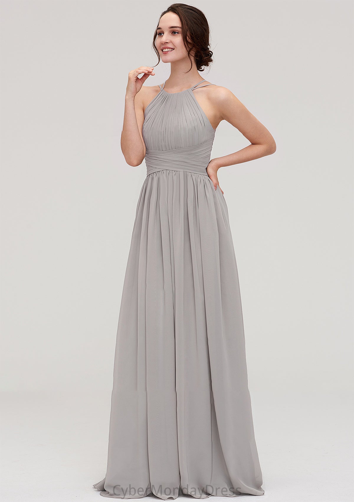 Halter Sleeveless A-line/Princess Long/Floor-Length Chiffon Bridesmaid Dresses With Pleated Natalya DTP0025462