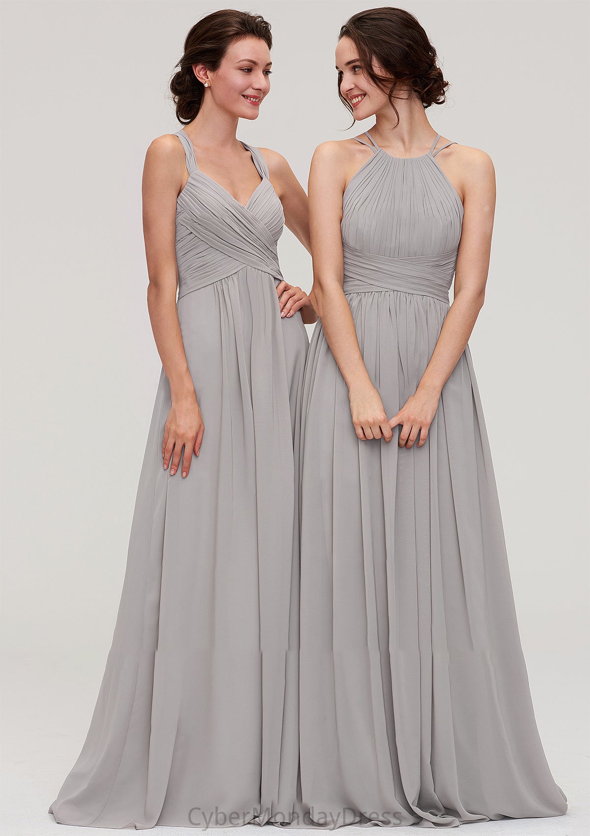 Halter Sleeveless A-line/Princess Long/Floor-Length Chiffon Bridesmaid Dresses With Pleated Natalya DTP0025462