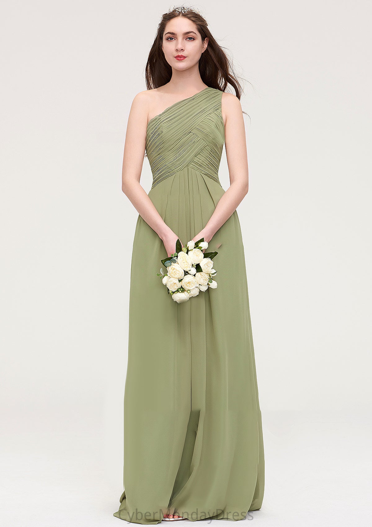 Sleeveless One-Shoulder Long/Floor-Length Chiffon A-line/Princess Bridesmaid Dresses With Pleated Olivia DTP0025463