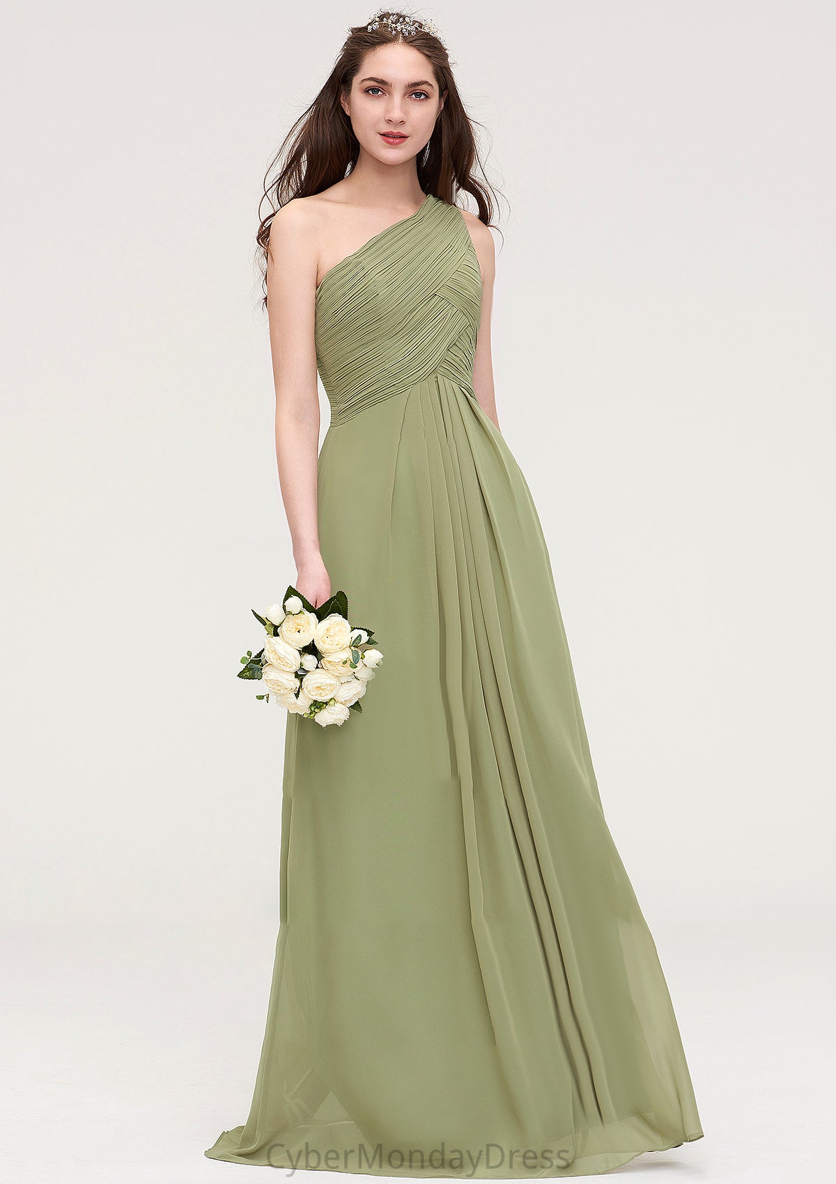 Sleeveless One-Shoulder Long/Floor-Length Chiffon A-line/Princess Bridesmaid Dresses With Pleated Olivia DTP0025463