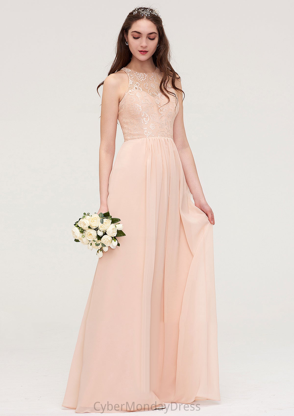 Bateau Sleeveless Long/Floor-Length Chiffon A-line/Princess Bridesmaid Dresses With Lace Pleated Jamie DTP0025464