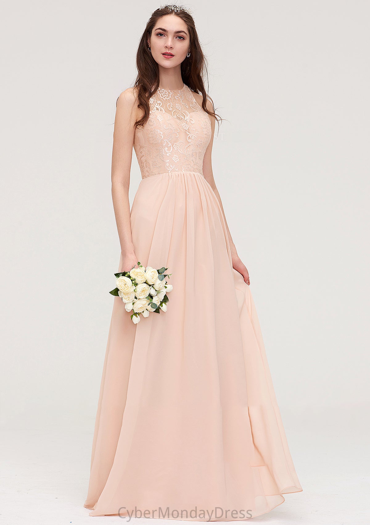 Bateau Sleeveless Long/Floor-Length Chiffon A-line/Princess Bridesmaid Dresses With Lace Pleated Jamie DTP0025464