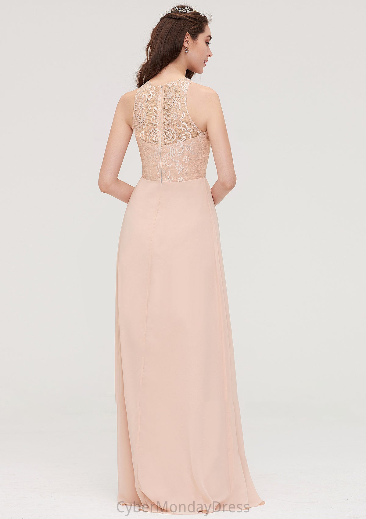 Bateau Sleeveless Long/Floor-Length Chiffon A-line/Princess Bridesmaid Dresses With Lace Pleated Jamie DTP0025464