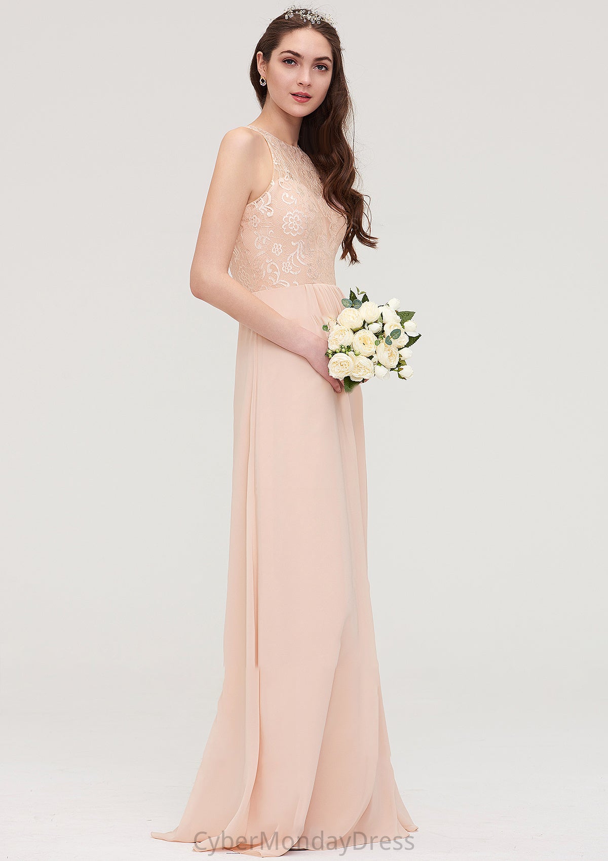 Bateau Sleeveless Long/Floor-Length Chiffon A-line/Princess Bridesmaid Dresses With Lace Pleated Jamie DTP0025464