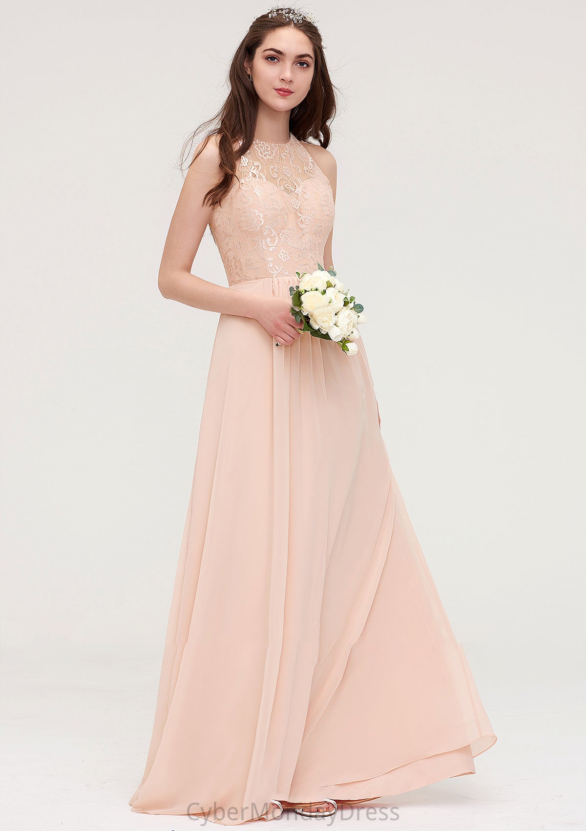 Bateau Sleeveless Long/Floor-Length Chiffon A-line/Princess Bridesmaid Dresses With Lace Pleated Jamie DTP0025464