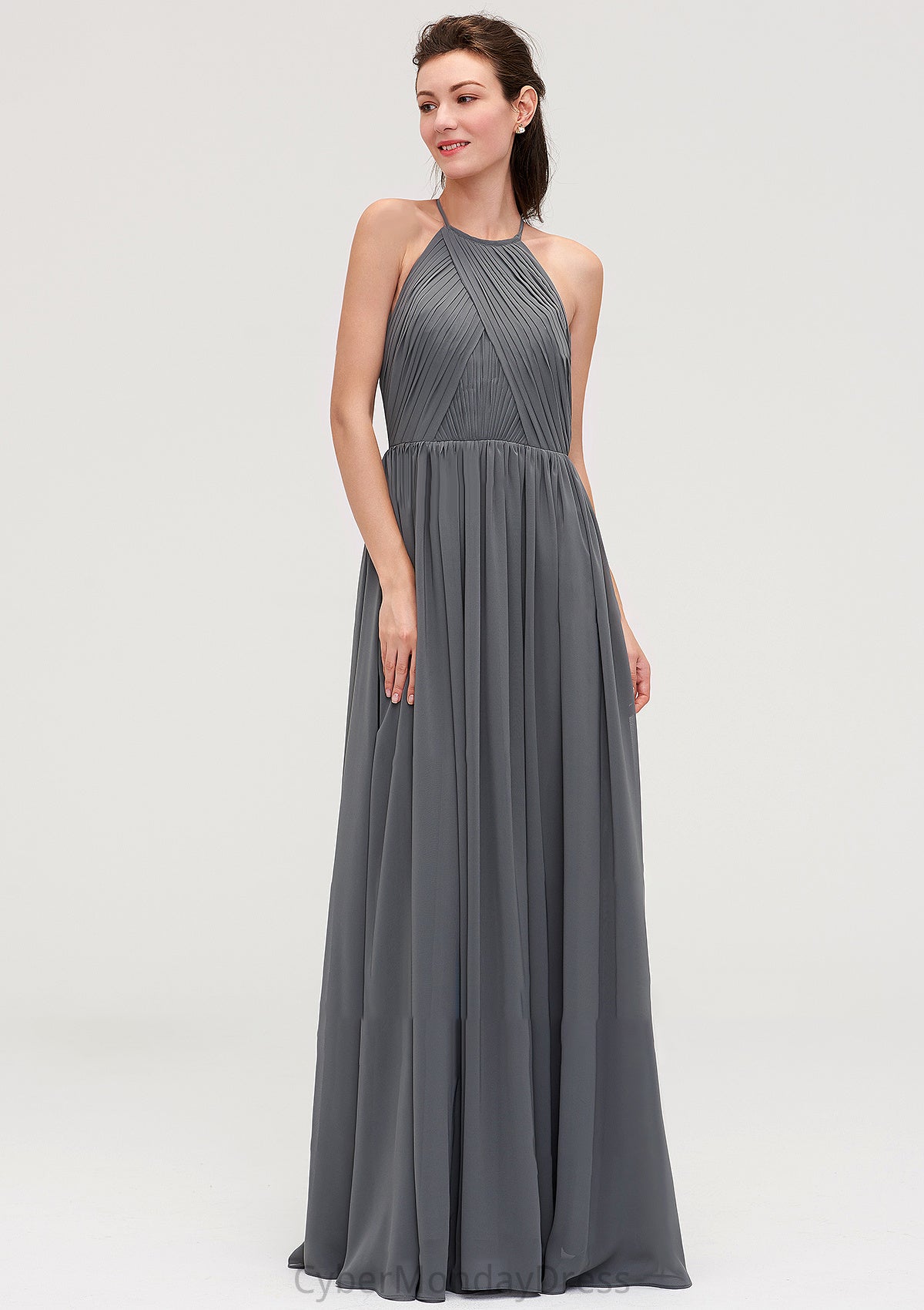 Sleeveless Halter Chiffon A-line/Princess Long/Floor-Length Bridesmaid Dresseses With Pleated Macey DTP0025466