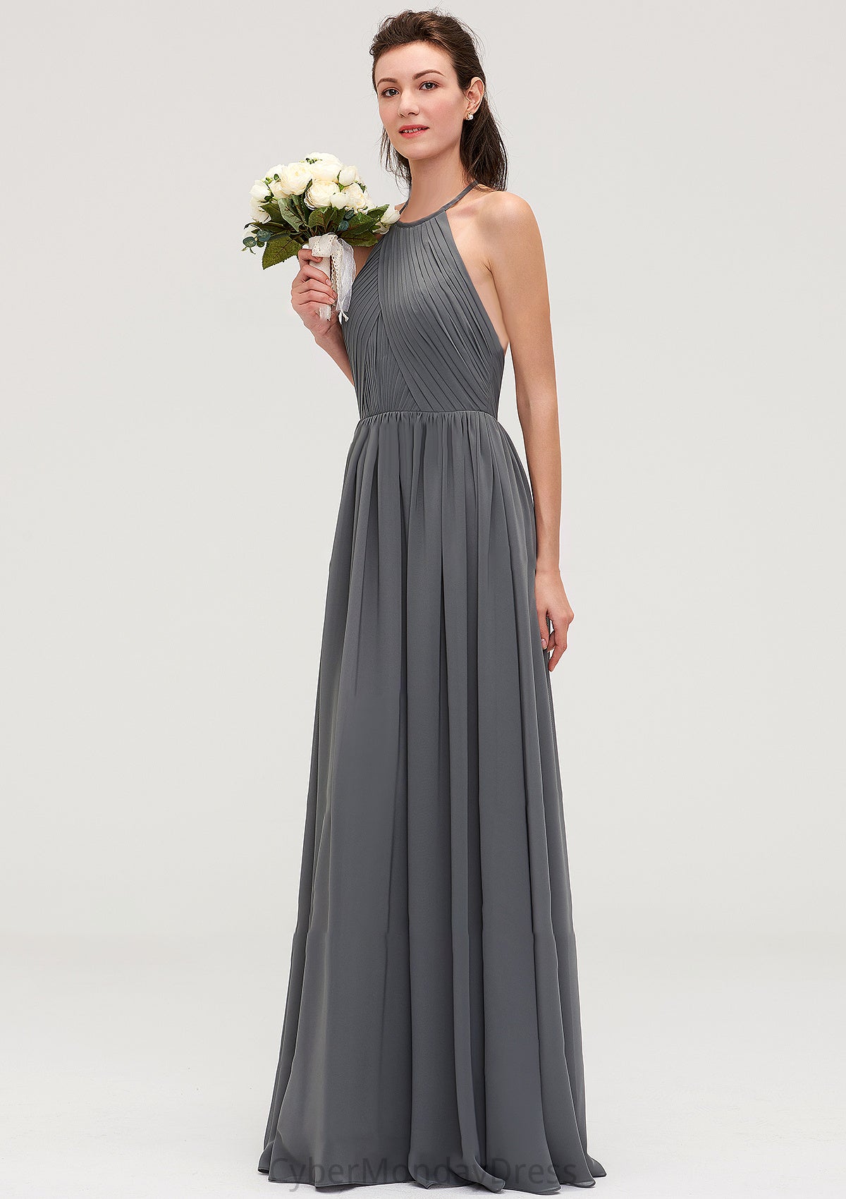 Sleeveless Halter Chiffon A-line/Princess Long/Floor-Length Bridesmaid Dresseses With Pleated Macey DTP0025466