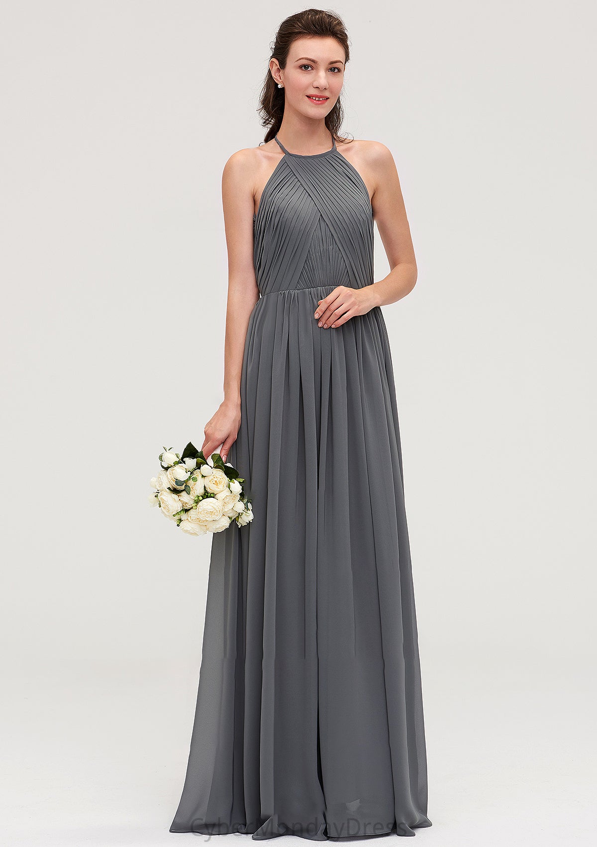 Sleeveless Halter Chiffon A-line/Princess Long/Floor-Length Bridesmaid Dresseses With Pleated Macey DTP0025466