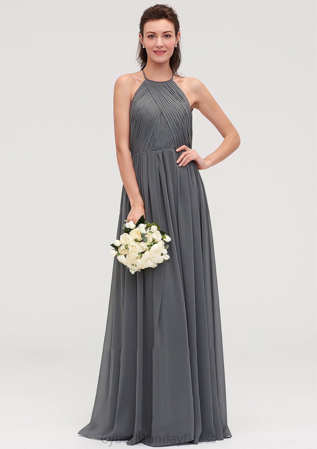 Sleeveless Halter Chiffon A-line/Princess Long/Floor-Length Bridesmaid Dresseses With Pleated Macey DTP0025466