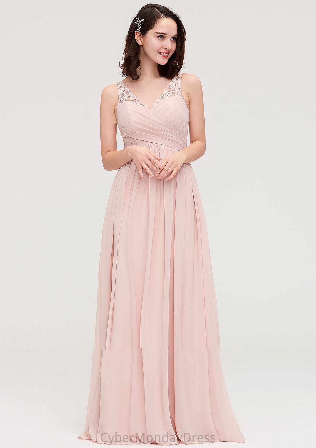 Sleeveless V Neck Long/Floor-Length Chiffon A-line/Princess Bridesmaid Dresses With Pleated Appliqued Tamara DTP0025467