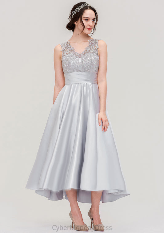 Sleeveless V Neck Asymmetrical Satin A-line/Princess Bridesmaid Dresses With Pleated Lace Rhianna DTP0025468