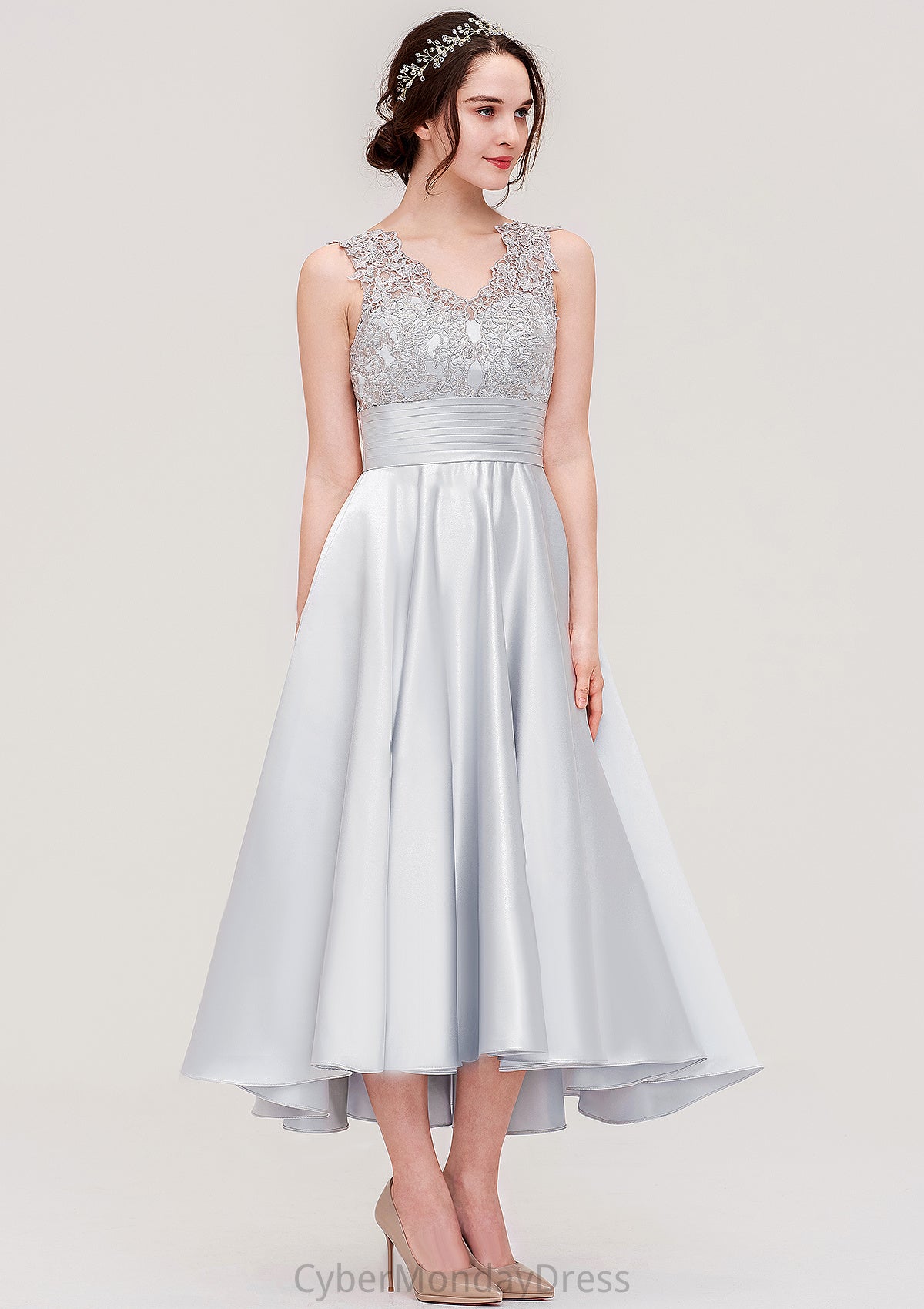 Sleeveless V Neck Asymmetrical Satin A-line/Princess Bridesmaid Dresses With Pleated Lace Rhianna DTP0025468