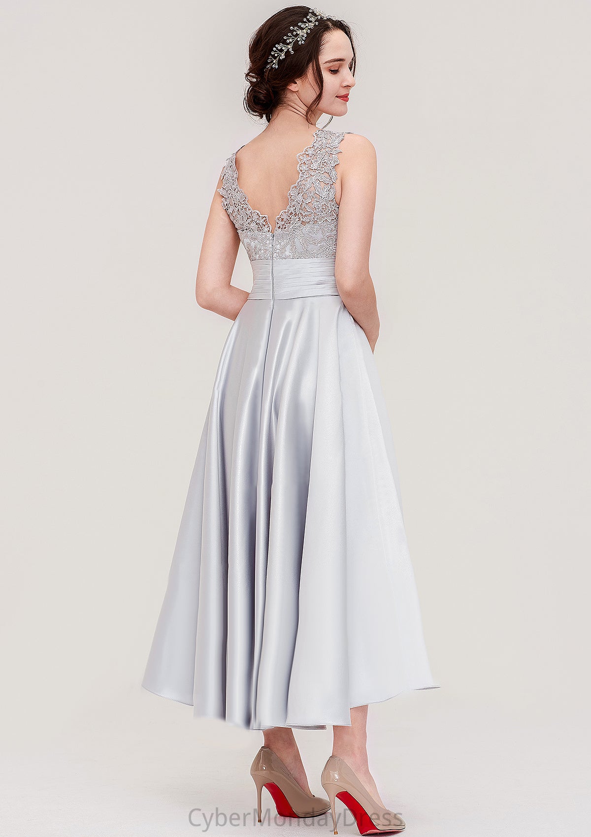 Sleeveless V Neck Asymmetrical Satin A-line/Princess Bridesmaid Dresses With Pleated Lace Rhianna DTP0025468