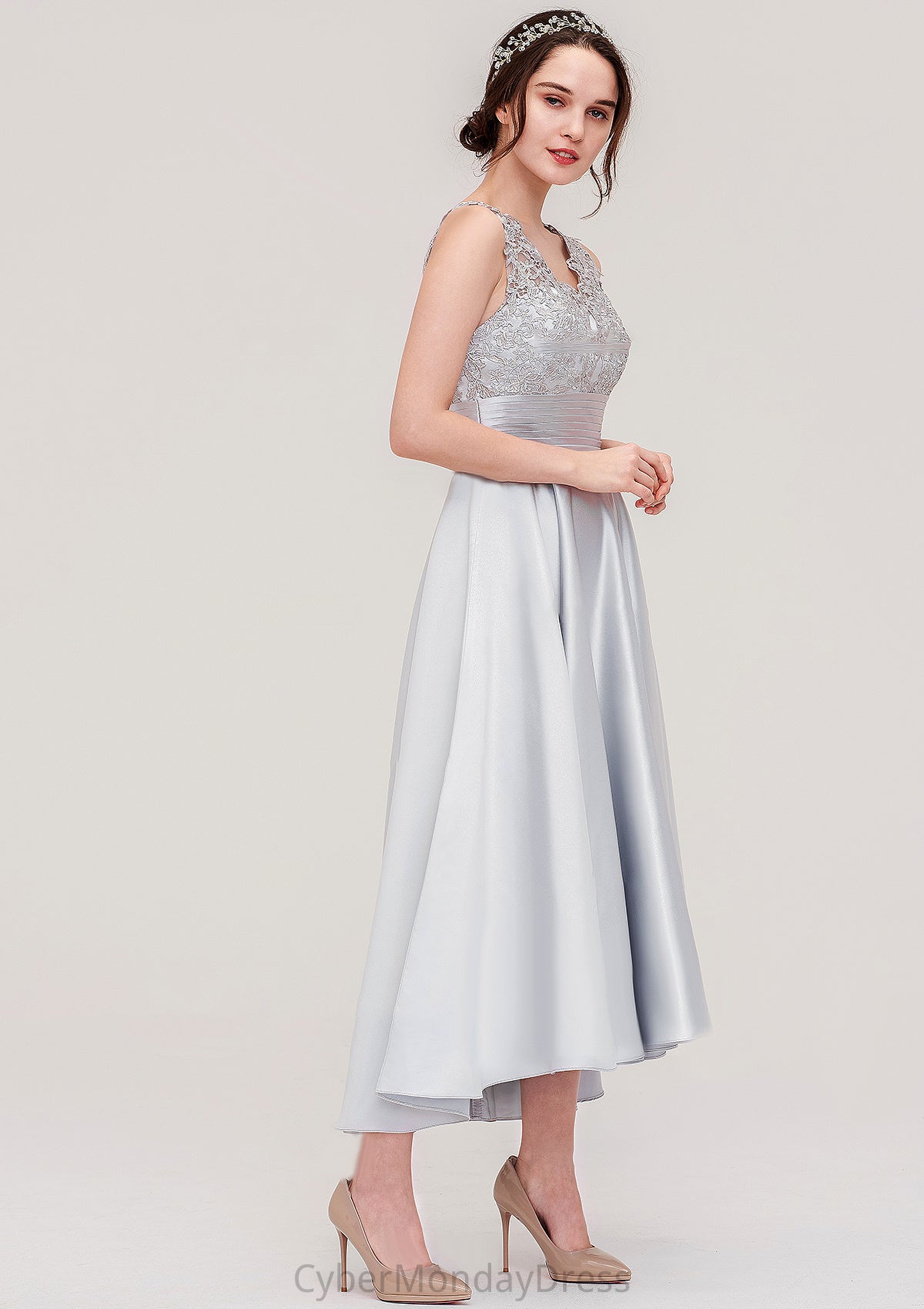 Sleeveless V Neck Asymmetrical Satin A-line/Princess Bridesmaid Dresses With Pleated Lace Rhianna DTP0025468